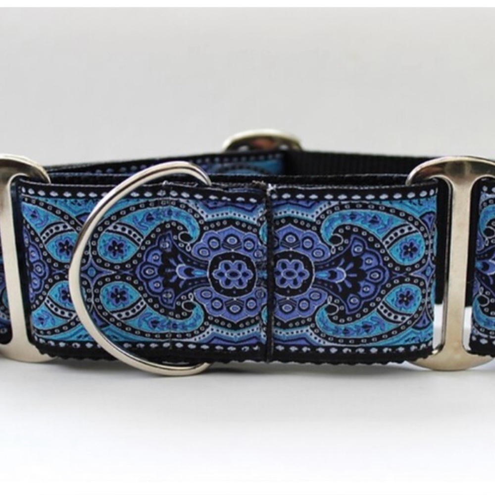 Beautiful Handmade Martingale Dog Collar 2” wide Sz. med Blue Kasmir Collection